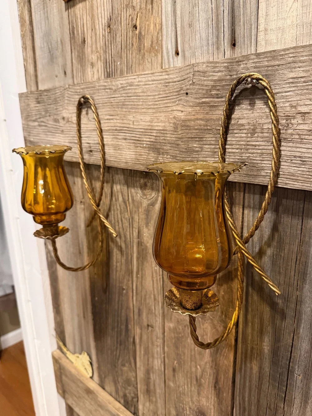 Pair of Vintage BOHO Farmhouse Ruffled Amber Glass Wall Sconces